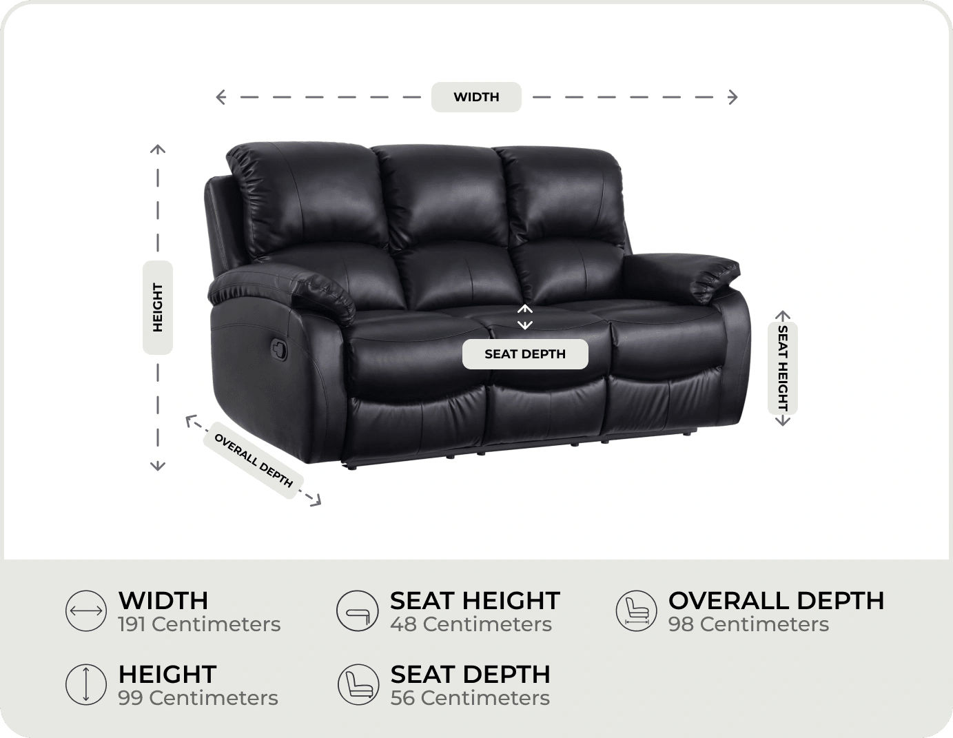Serano Black Leather Manual Recliner 3 Seater Sofa measurements
