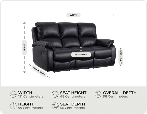 Serano Black Leather Manual Recliner 3 Seater Sofa measurements
