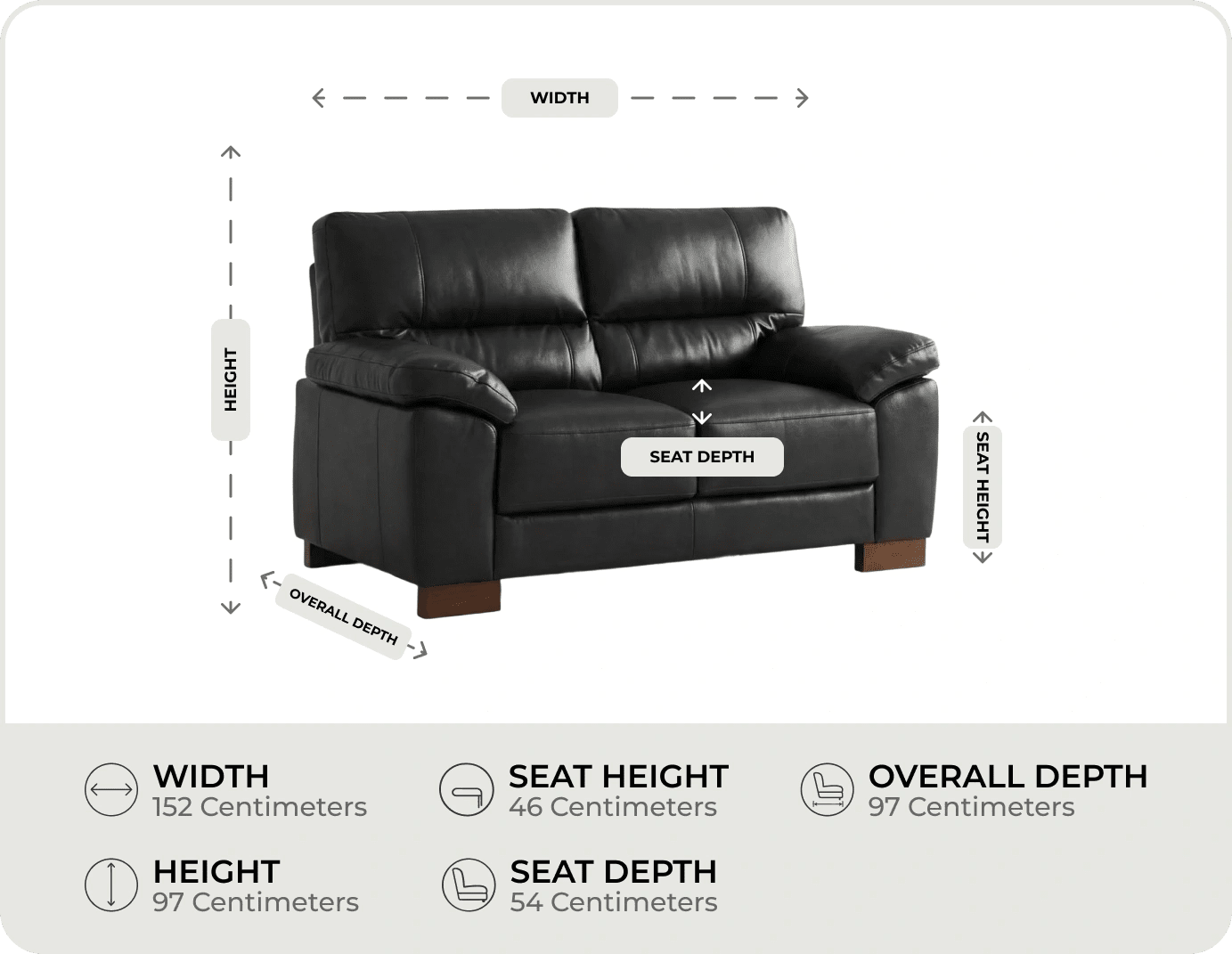 Dalmore Genuine Leather Black 2 Seater Sofa measurement