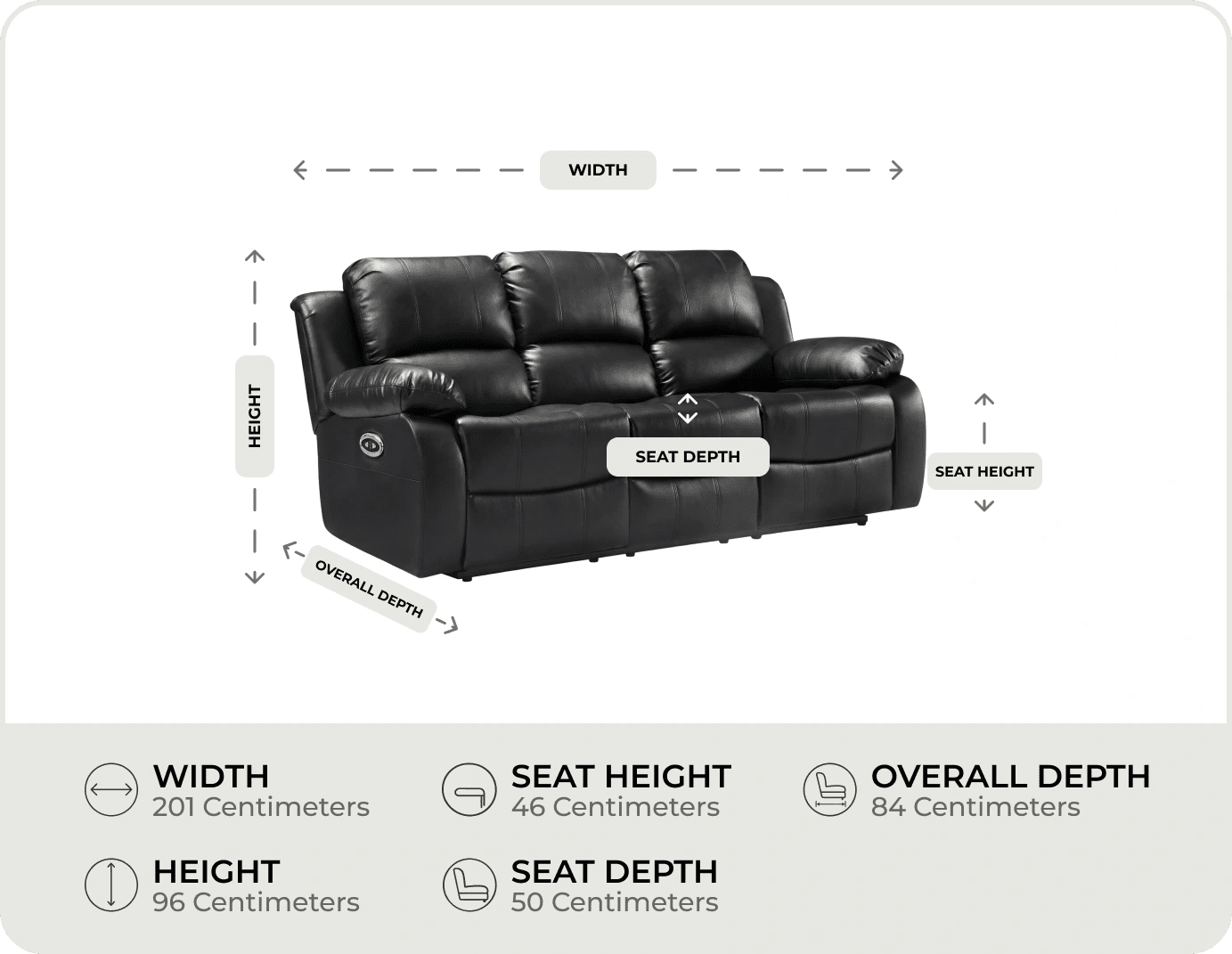 York Black Leather Electric Recliner 3 Seater Sofa measurement