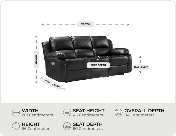 York Black Leather Electric Recliner 3 Seater Sofa measurement