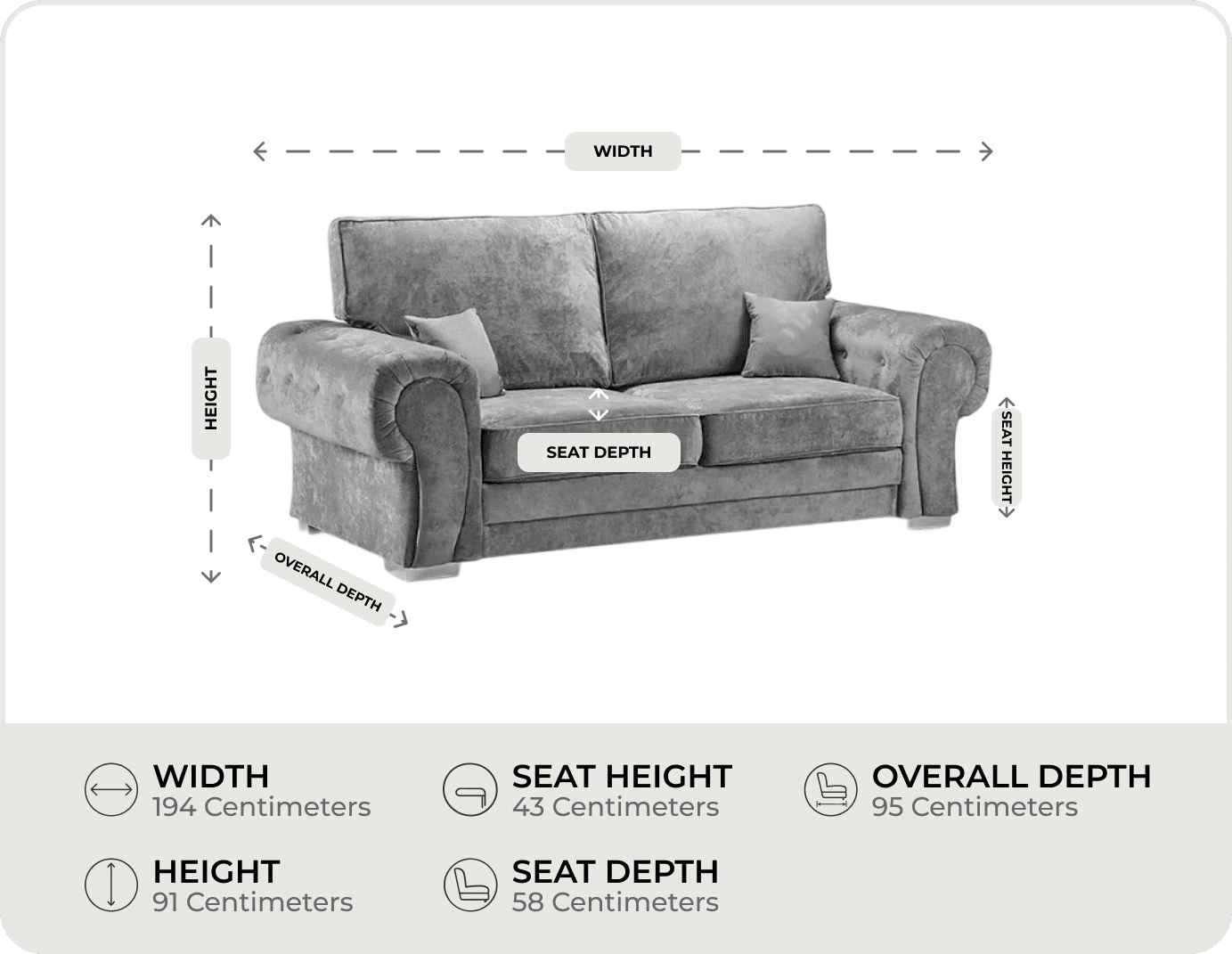 Florence High Back Grey Fabric 3 Seater Sofa measurements