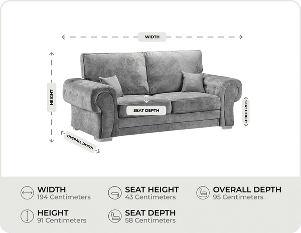 Florence High Back Grey Fabric 3 Seater Sofa measurements