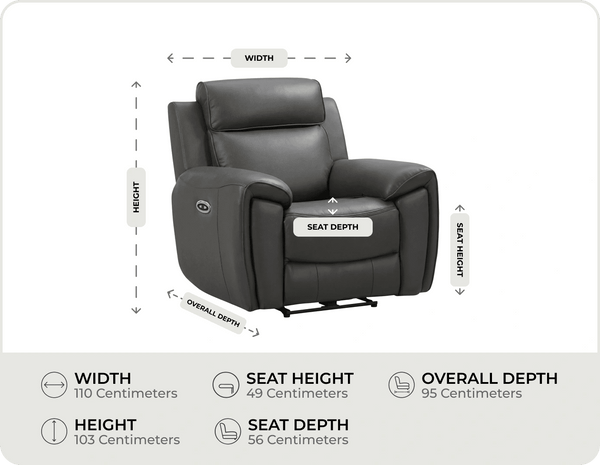 Leo Genuine Leather Grey Electric Power Recliner Armchair    measurements

