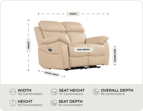 Torino Genuine Leather Cream Electric Power Recliner 2 Seater Sofa    measurements
