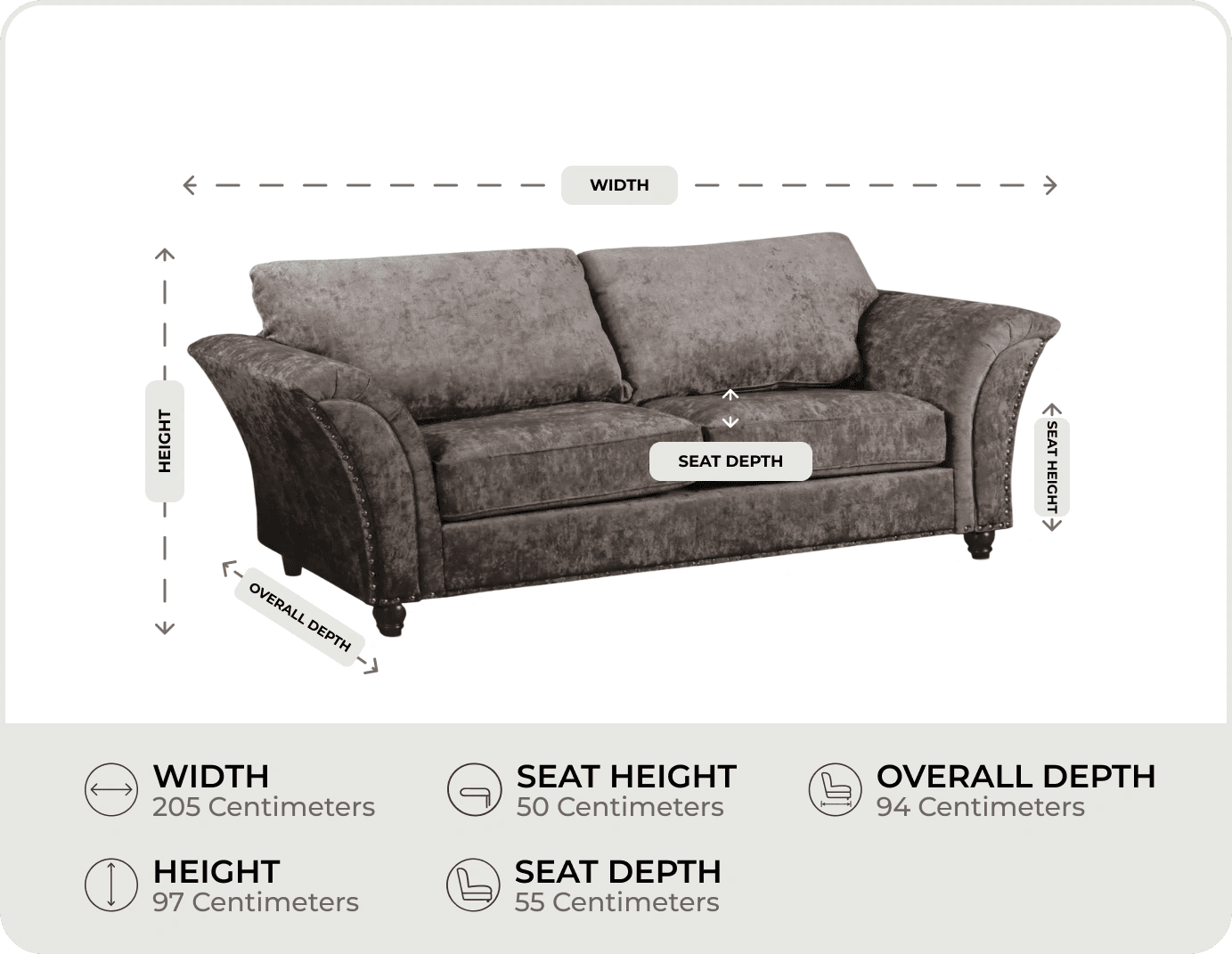 Cotswold Truffle Fabric 3 Seater Sofa measurements
