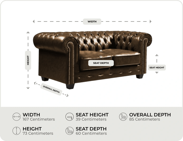 Chesterfield Brown Leather Antique 2 Seater Sofa measurement