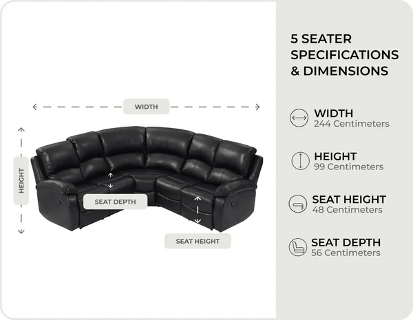 Serano Black Leather Manual Recliner Corner Sofa measurements