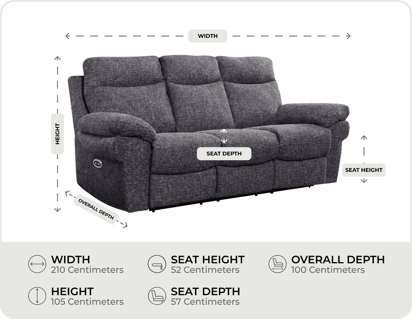 Lunaro Grey Fabric Electric Recliner 3 Seater Sofa measurement