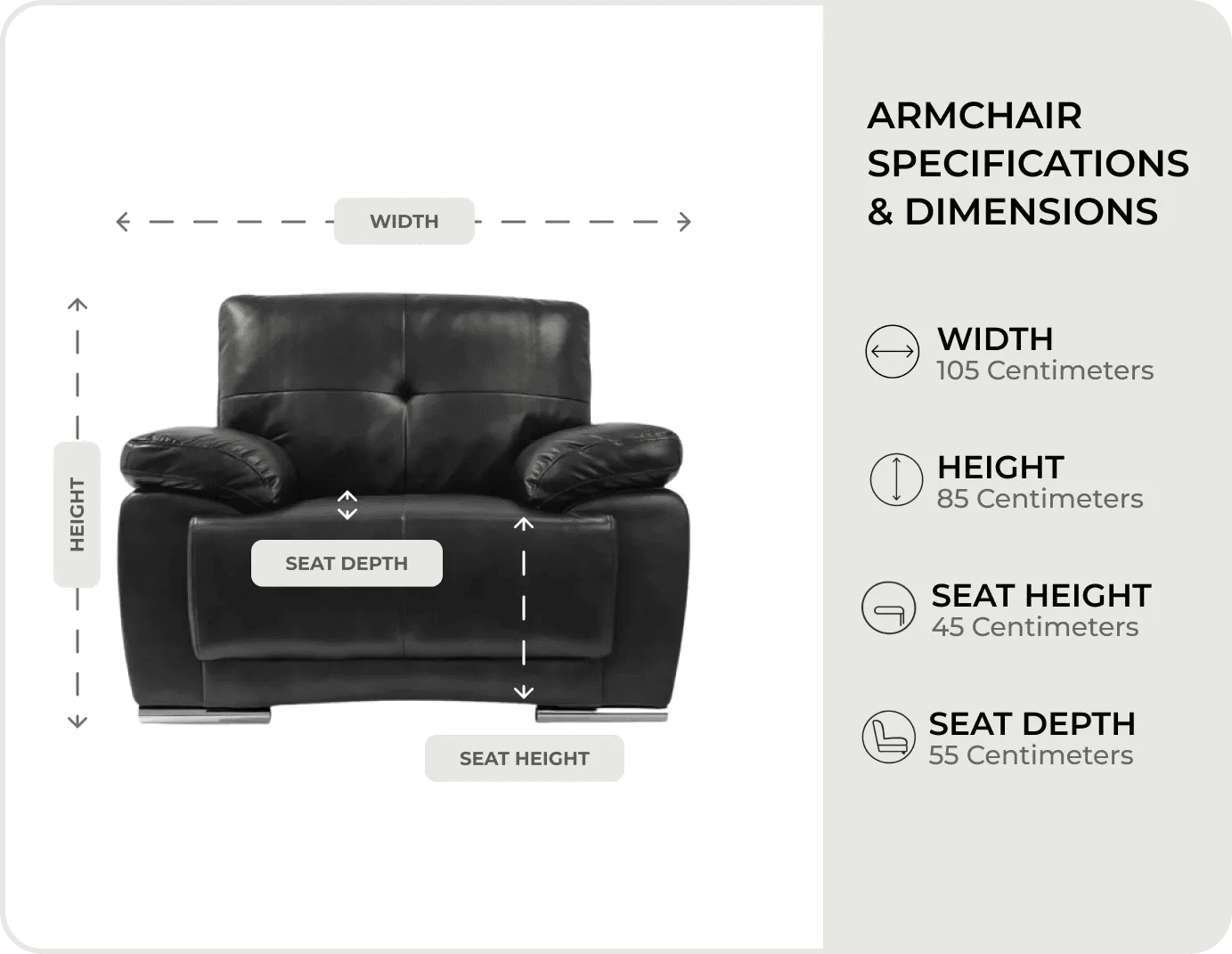 Brighton Black Leather Armchair measurements