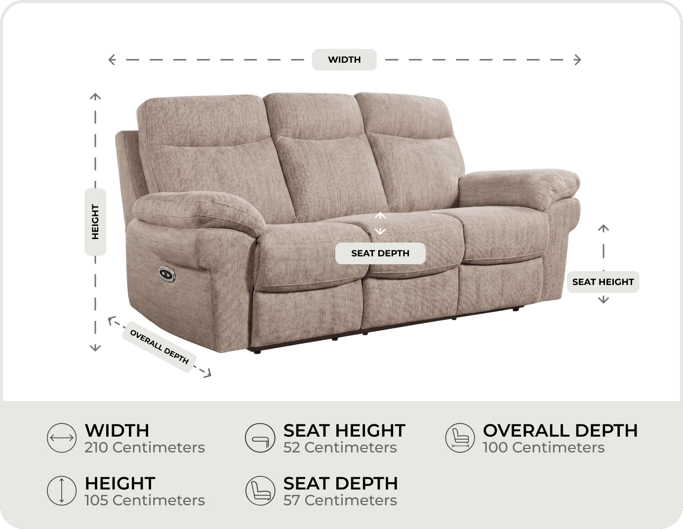 Lunaro Beige Fabric Electric Recliner 3 Seater Sofa measurements