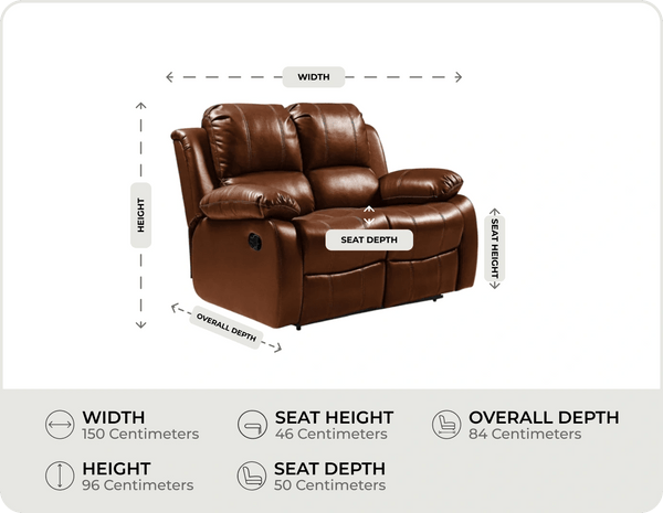 York Tan Leather 2 Seater Manual Recliner Sofa measurement