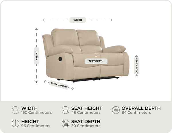 York Cream Leather 2 Seater Manual Recliner Sofa measurement