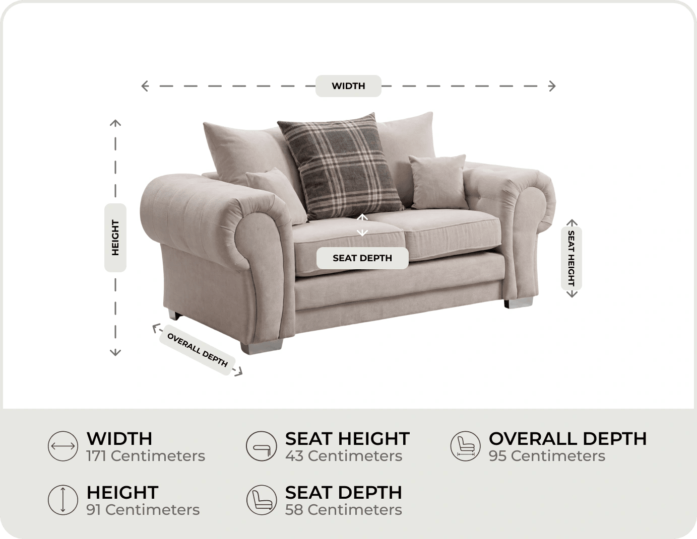 Florence Scatter Back Cream Fabric 2 Seater Sofa measurements