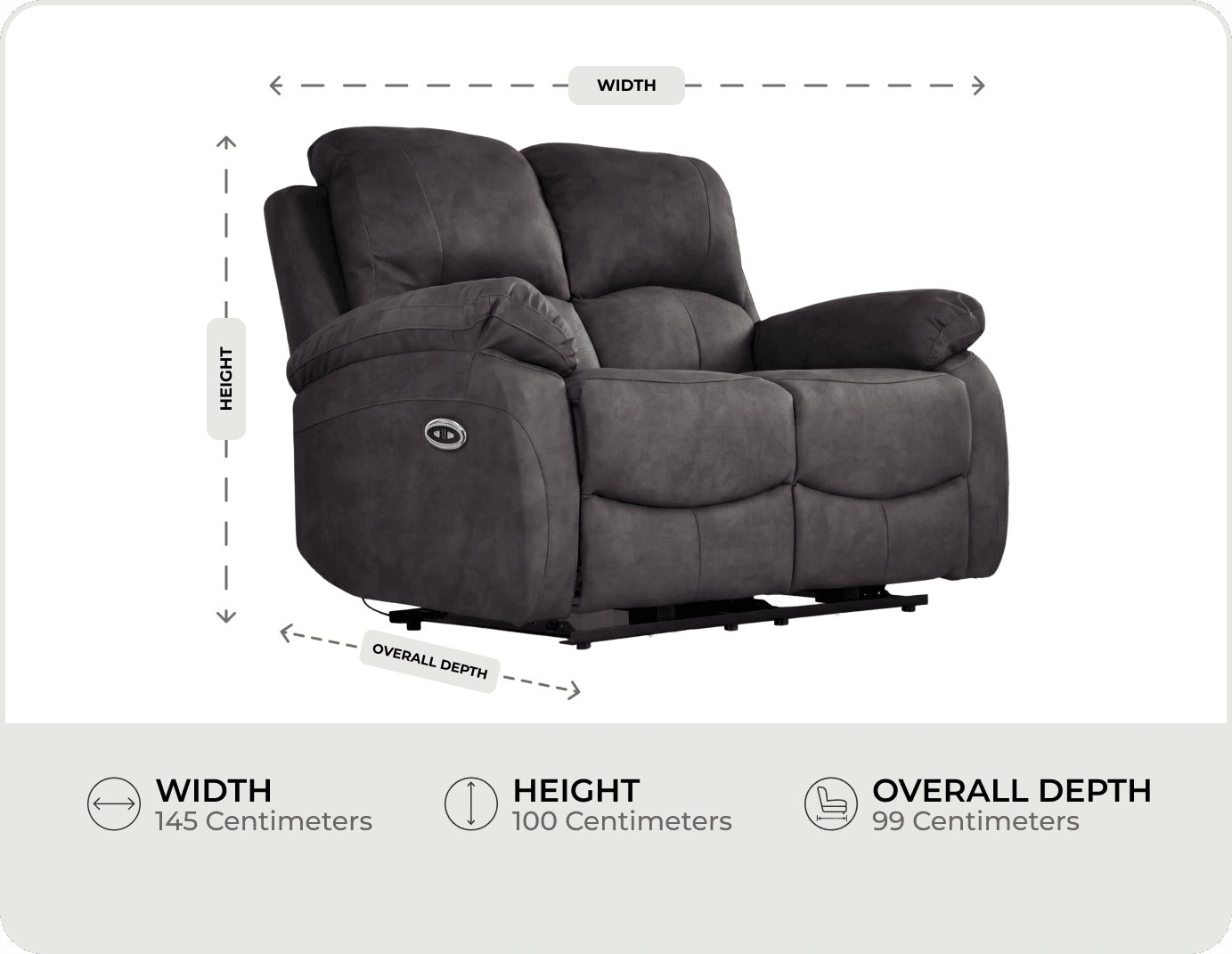 Serano Grey Fabric Electric Recliner 2 Seater Sofa measurements