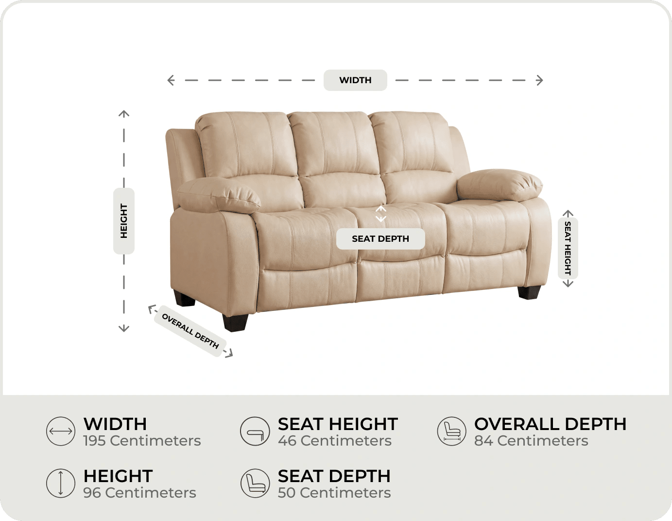 Veloura Cream Leather 3 Seater Sofa measurement