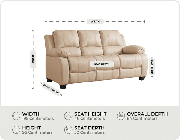 Veloura Cream Leather 3 Seater Sofa measurement