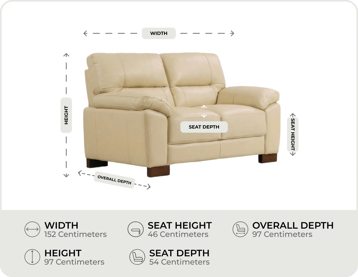 Dalmore Genuine Leather Cream 2 Seater Sofa measurement 