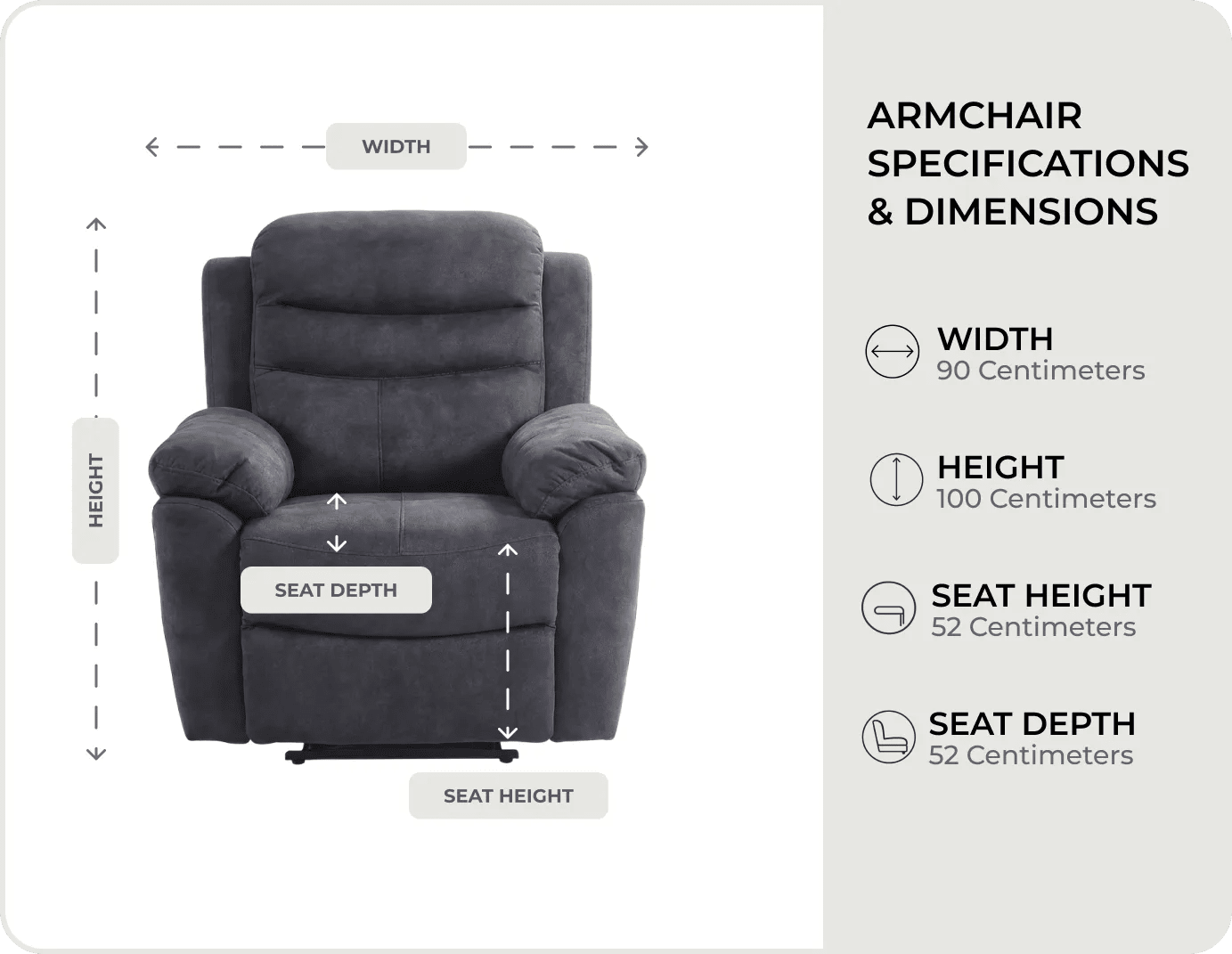 Bristol Grey Fabric Manual Recliner Armchair measurements
