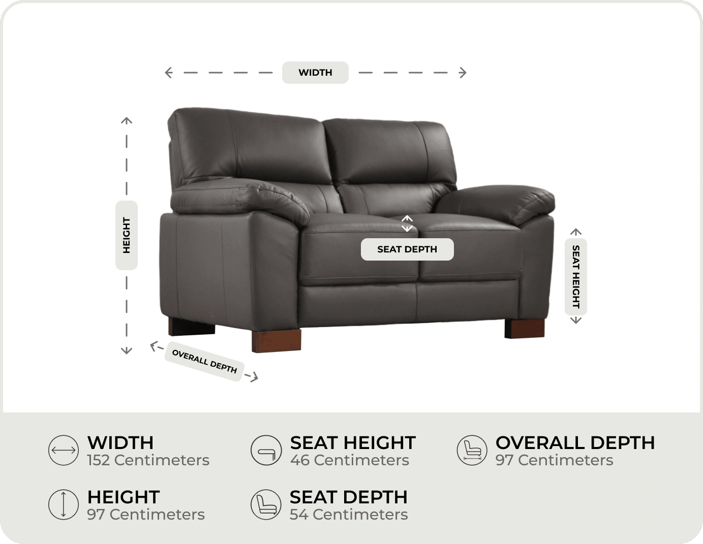 Dalmore Genuine Leather Grey 2 Seater Sofa measurement
