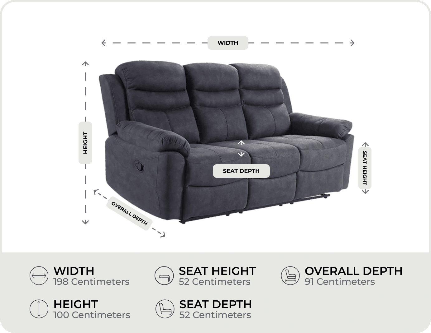 Bristol Grey Fabric Manual Recliner 3 Seater Sofa measurements
