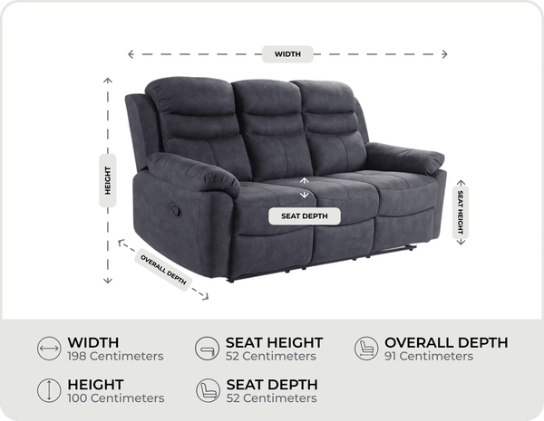 Bristol Grey Fabric Manual Recliner 3 Seater Sofa measurements
