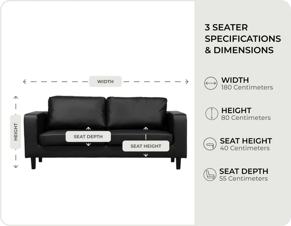 Box Black  Leather 3 seater measurements