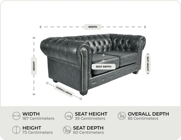Chesterfield Green Leather Antique 2 Seater Sofa - measurements