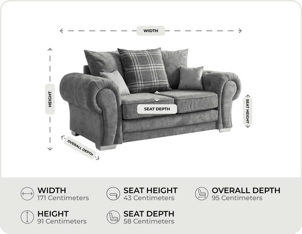 Florence Scatter Grey Fabric 2 Seater Sofa measurements