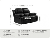York Black Leather 2 Seater Manual Recliner Sofa measurement
