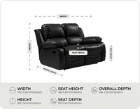 York Black Leather 2 Seater Manual Recliner Sofa measurement