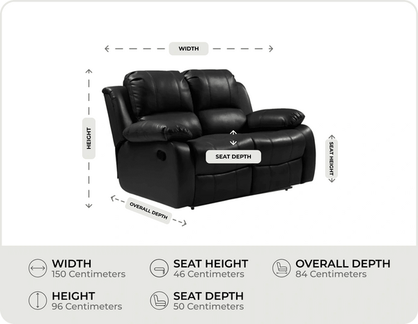 York Black Leather 2 Seater Manual Recliner Sofa measurement