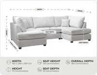 Mayfair Silver  Fabric U Shape High Back Corner Sofa + Footstool measurements