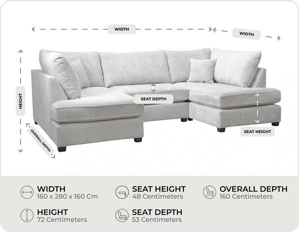 Mayfair Silver  Fabric U Shape High Back Corner Sofa + Footstool measurements