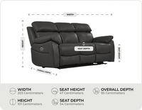 Torino Genuine Leather Grey Electric Power Recliner 3 Seater Sofa measurements