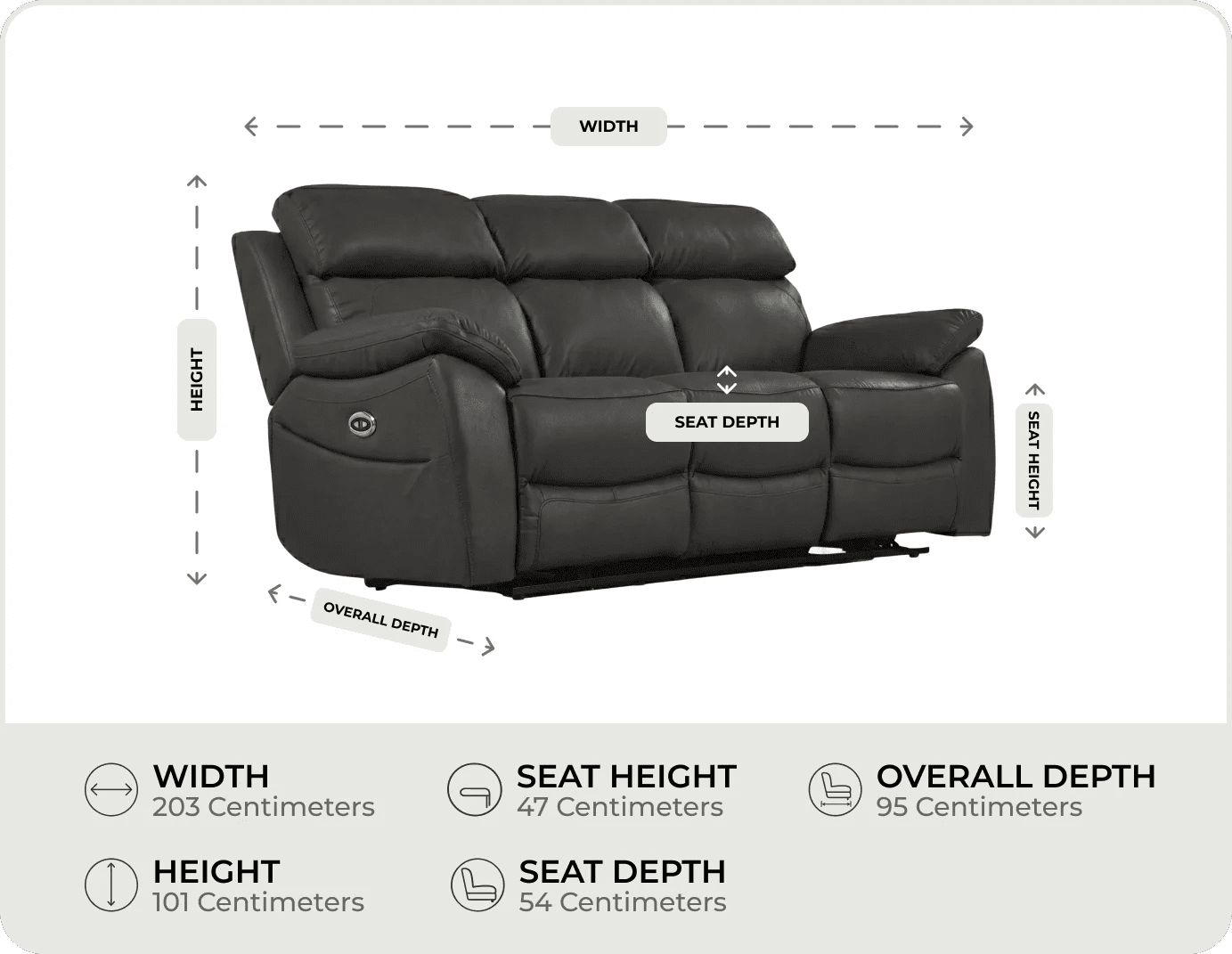 Torino Genuine Leather Grey Electric Power Recliner 3 Seater Sofa measurements
