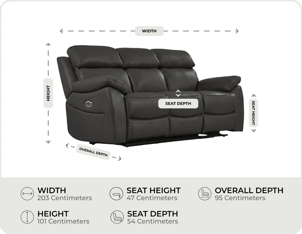 Torino Genuine Leather Grey Electric Power Recliner 3 Seater Sofa measurements