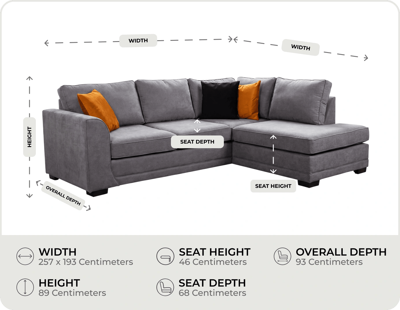 Orka Sofa Grey Fabric Right Hand Corner Sofa - RHC measurement