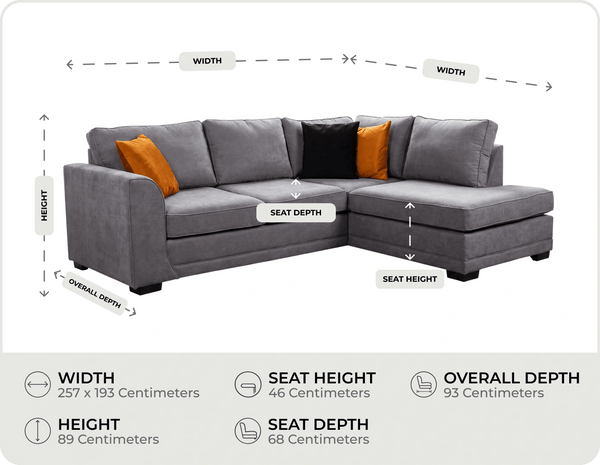 Orka Sofa Grey Fabric Right Hand Corner Sofa - RHC measurement