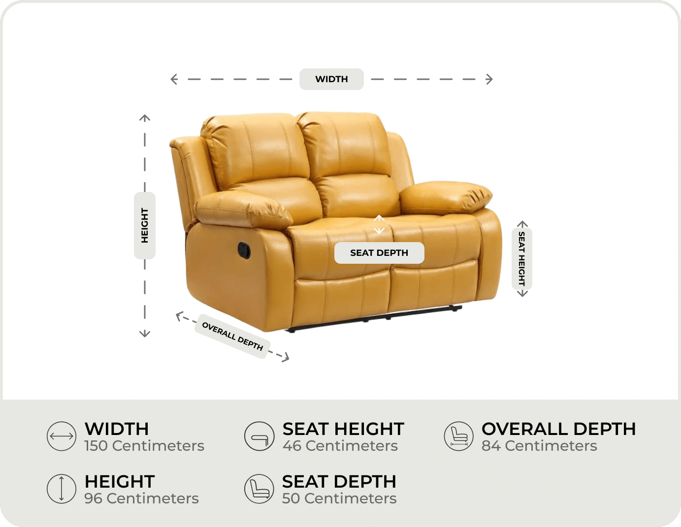 York Mustard Leather Manual Recliner 2 Seater Sofa measurement