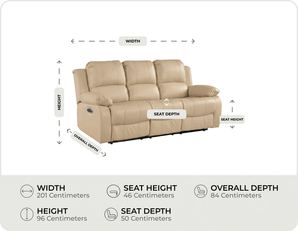 York Cream Leather Electric Recliner 3 Seater Sofa measurement