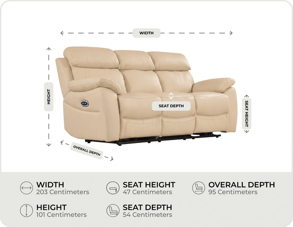 Torino Genuine Leather Cream Electric Power Recliner 3 Seater Sofa    measurements
