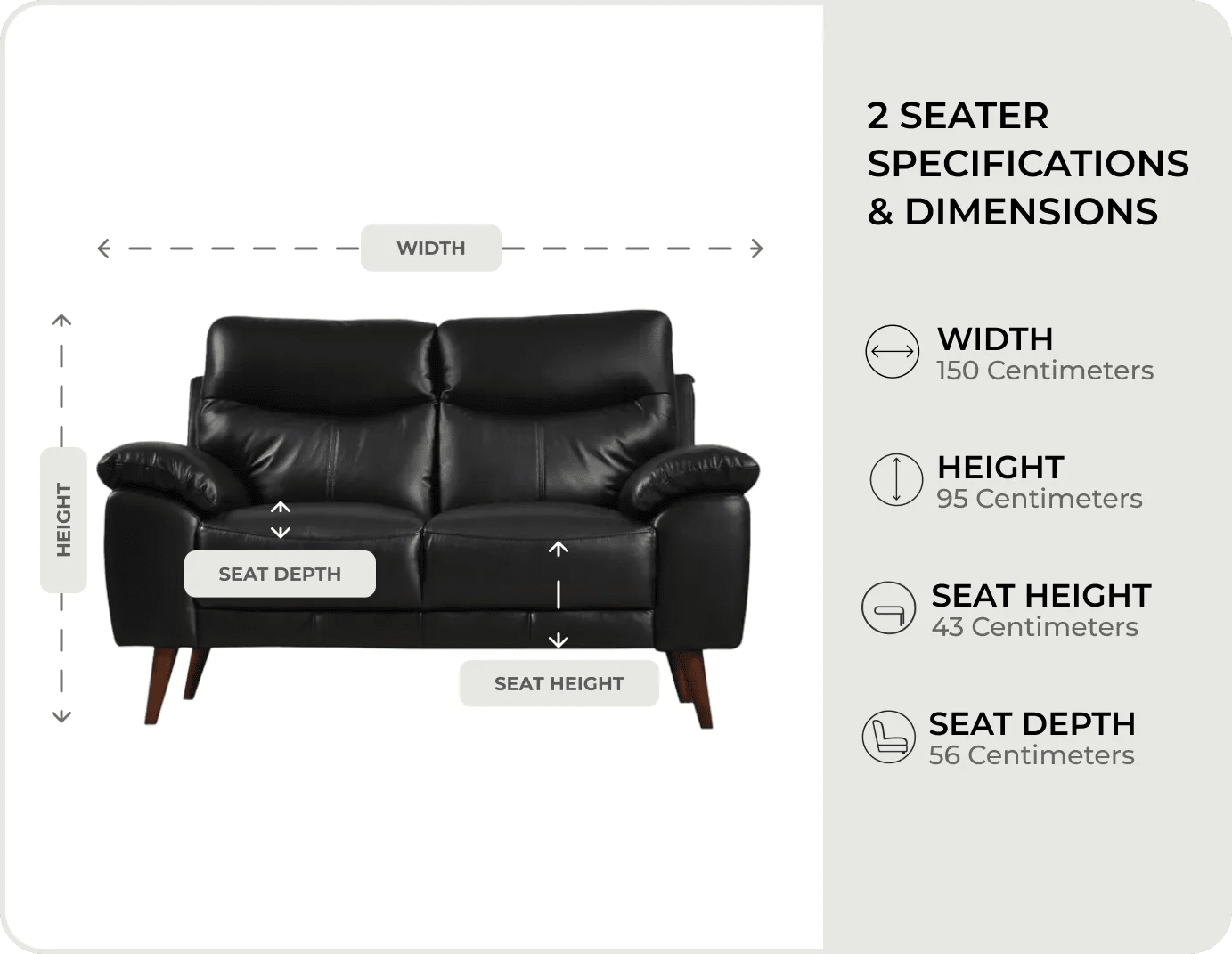 Ascot black Leather 2 seater measurements