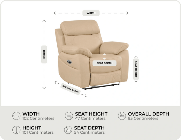 Torino Genuine Leather Cream Electric Power Recliner Armchair    measurements
