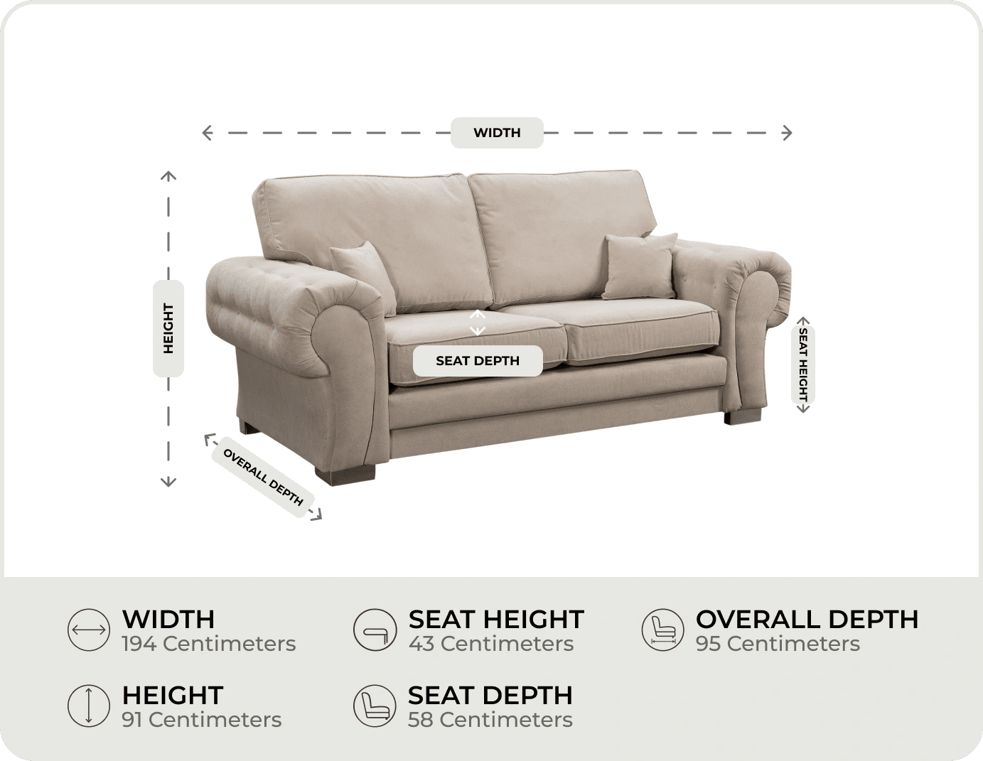 Florence High Back Cream Fabric 3 Seater Sofa Bed measurements
