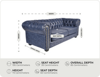 Chesterfield Blue Leather Antique 3 Seater Sofa - measurements