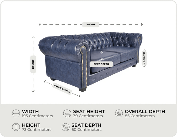 Chesterfield Blue Leather Antique 3 Seater Sofa - measurements