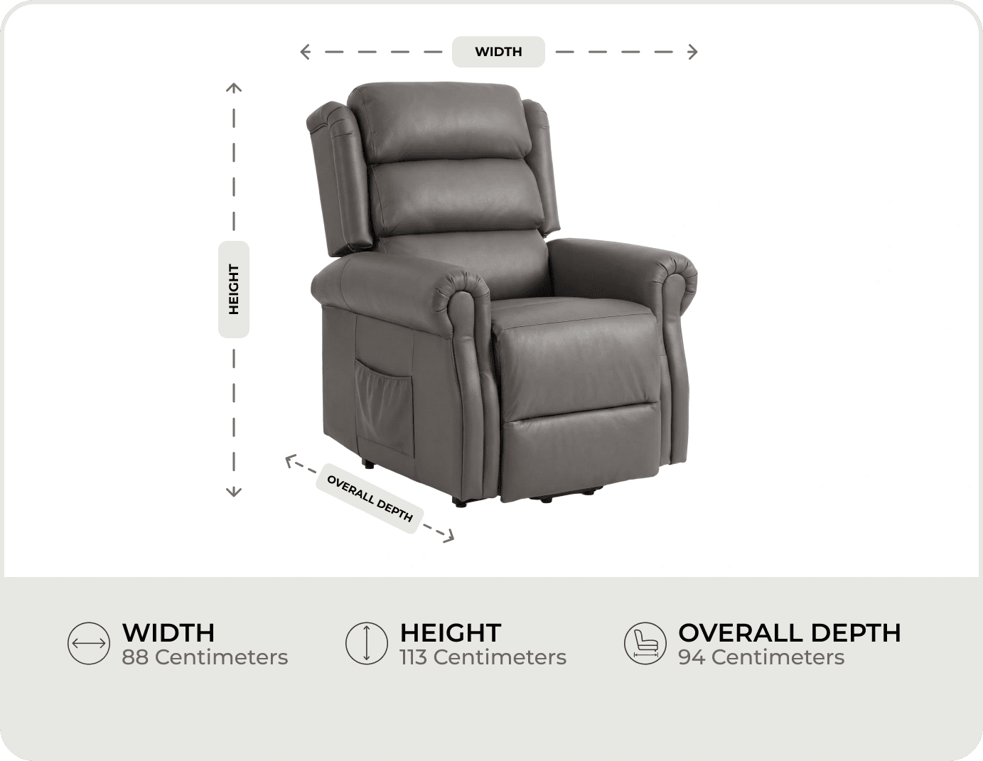 Cambridge Genuine Leather Grey Rise & Recline Mobility Chair measurements