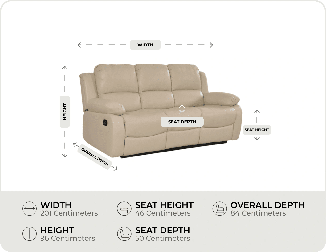 York Cream Leather 3 Seater Manual Recliner Sofa measurement