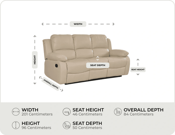 York Cream Leather 3 Seater Manual Recliner Sofa measurement